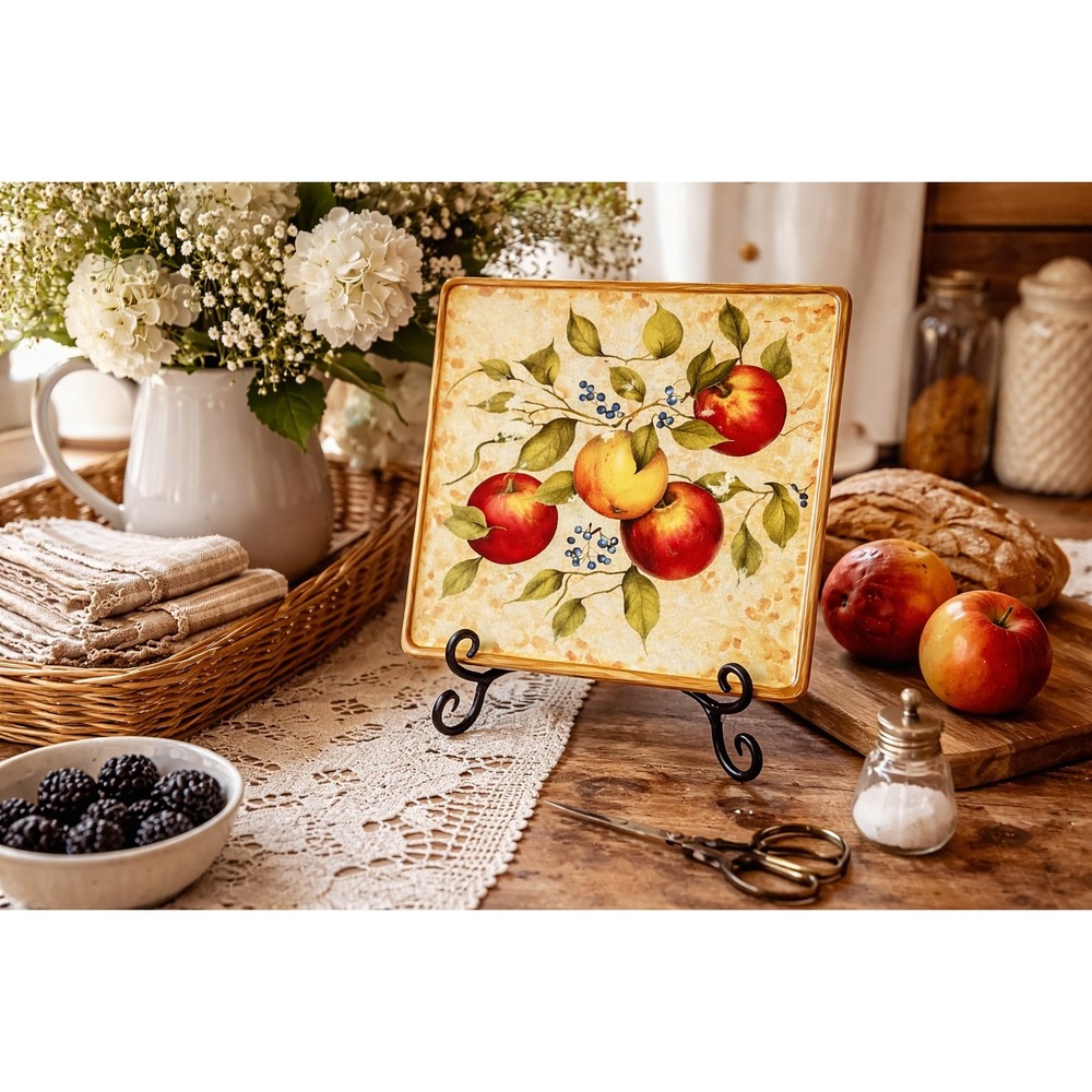 Susan Winget Certified Int.  Large Antique Orchard Square Serving Platter Apples
